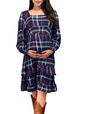 Romantic Gypsy Blue Plaid Peasant Ruffle Square Scoop Tunic Maternity Xl